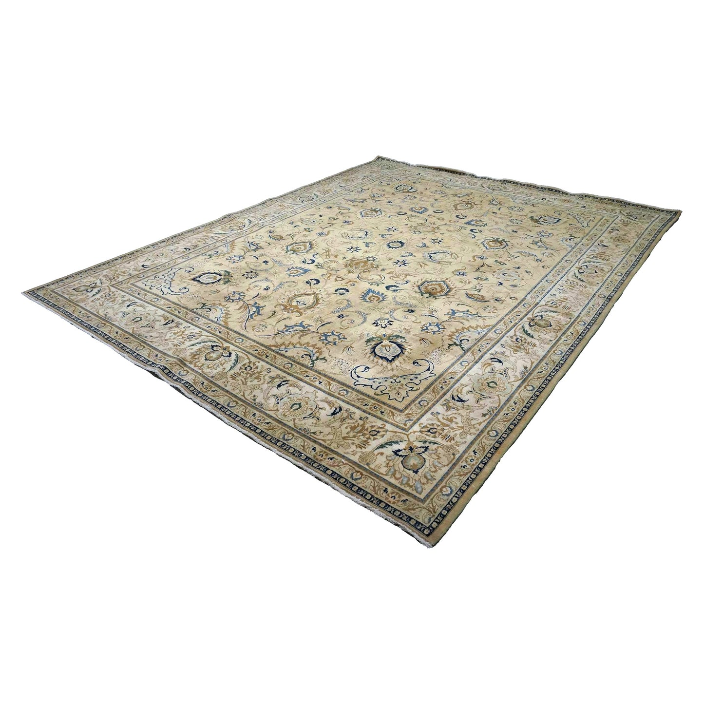 Antique Persian Tabriz Wool 10X13 Tan, Ivory & Blue Handmade Area Rug #1142766