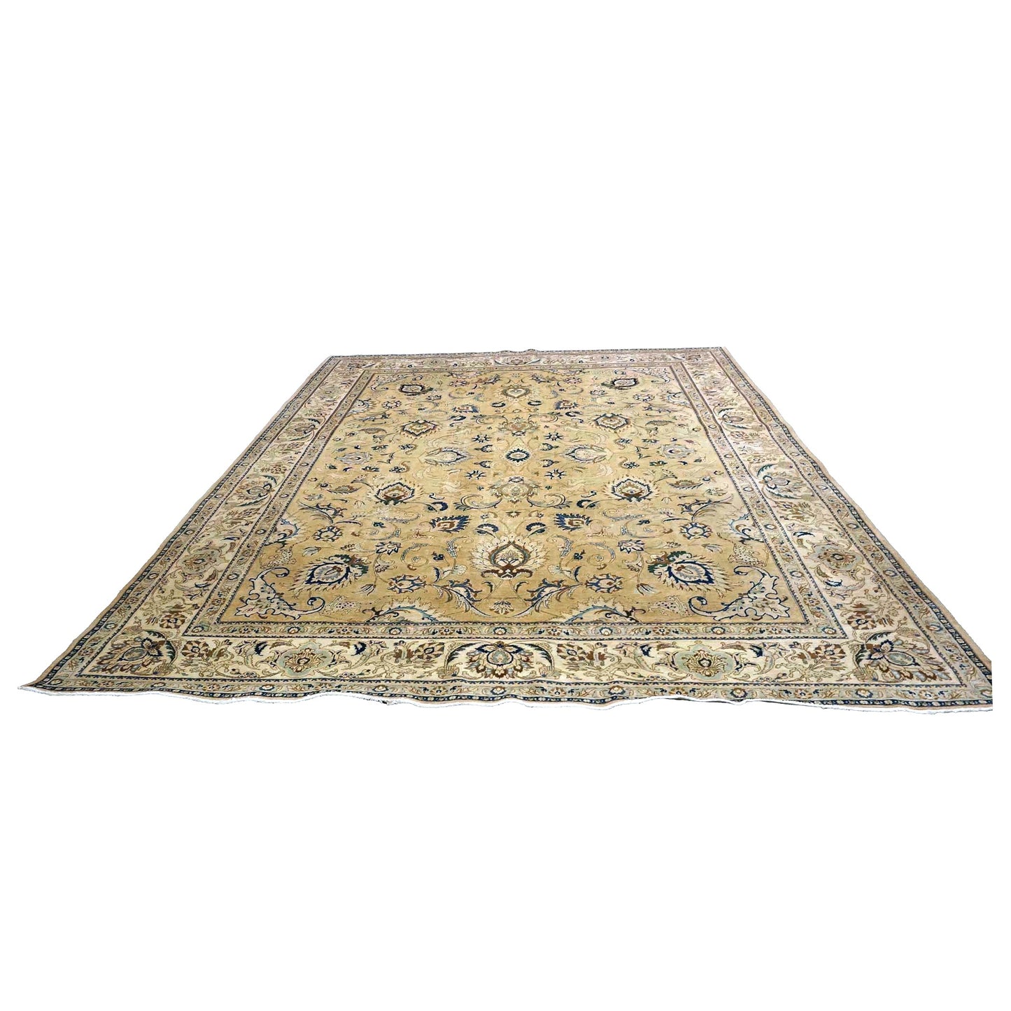 Antique Persian Tabriz Wool 10X13 Tan, Ivory & Blue Handmade Area Rug #1142766