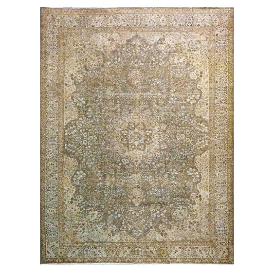Antique Persian Tabriz Wool 9x11 Tan & Ivory Handmade Area Rug #1142850