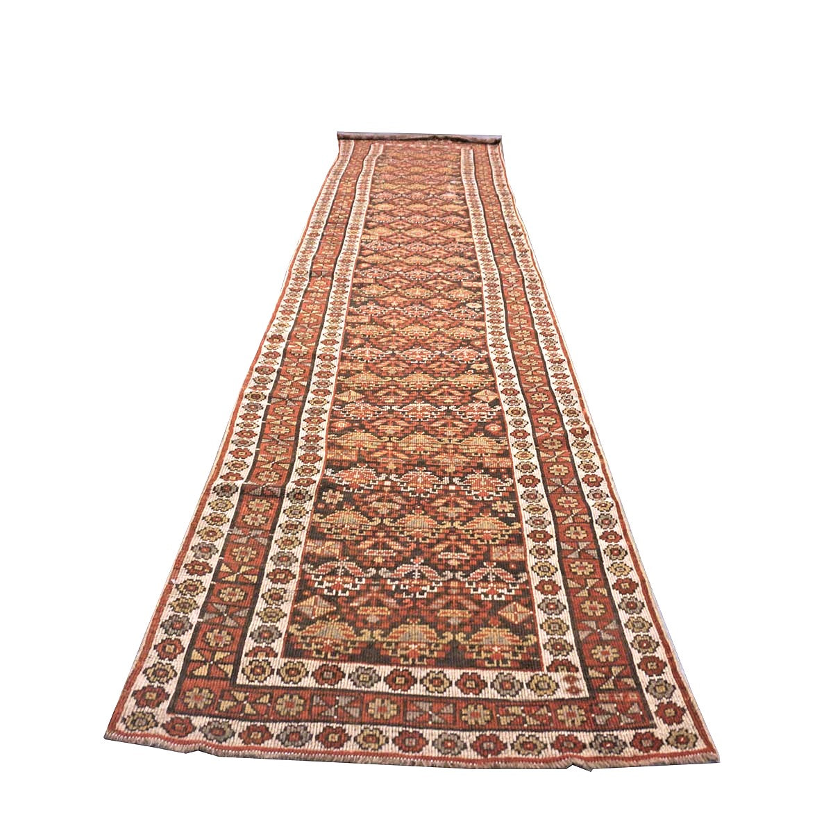 Antique Persian Azerbaijani Wool 3x14 Brown & Rust Handmade Runner Rug #1142908