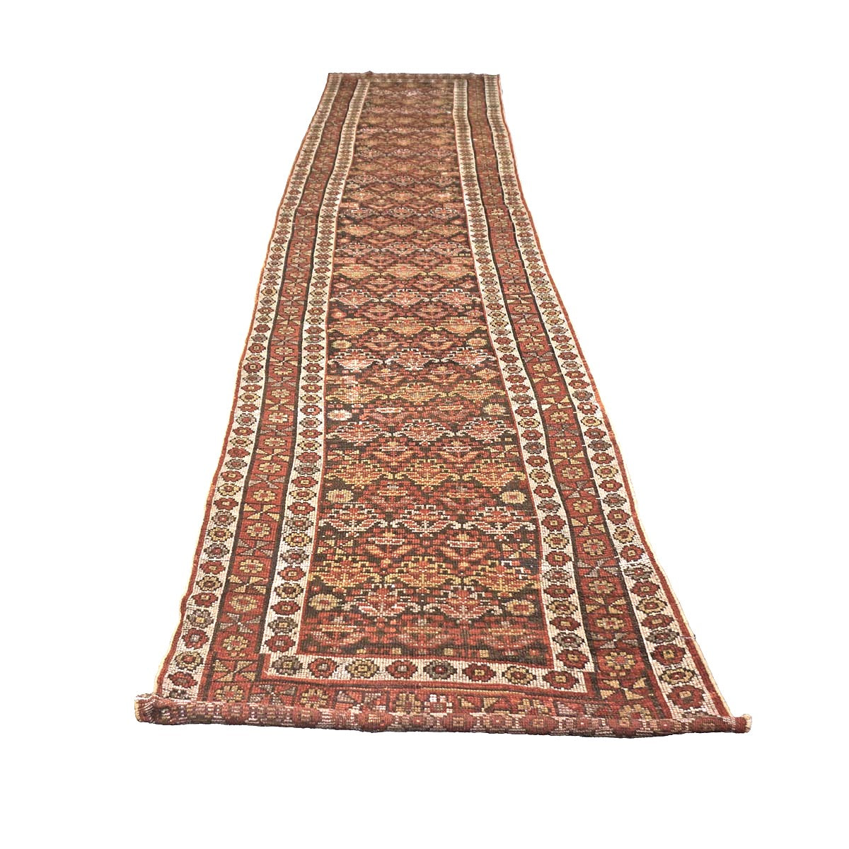 Antique Persian Azerbaijani Wool 3x14 Brown & Rust Handmade Runner Rug #1142908