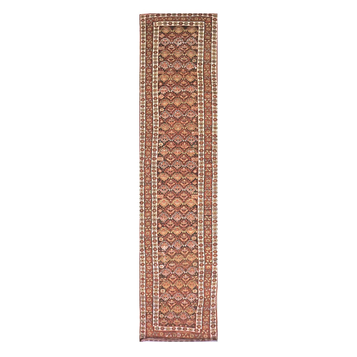 Antique Persian Azerbaijani Wool 3x14 Brown & Rust Handmade Runner Rug #1142908