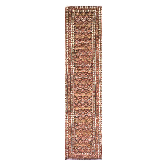 Antique Persian Azerbaijani Wool 3x14 Brown & Rust Handmade Runner Rug #1142908