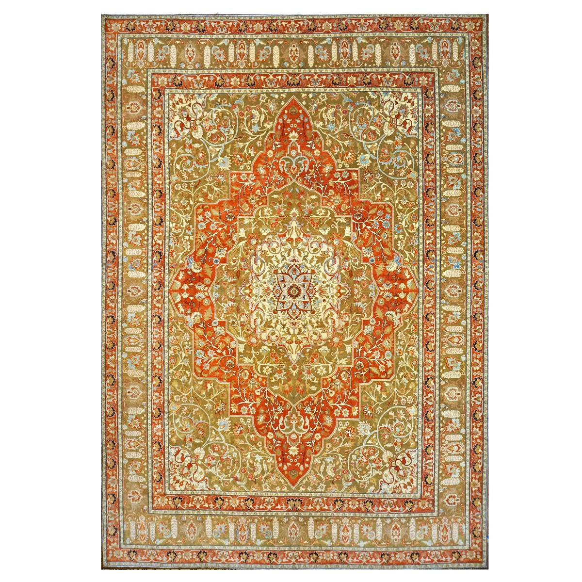 Persian Farahan Wool 10X14 Ivory, Olive & Orange Handmade Area Rug #1143008