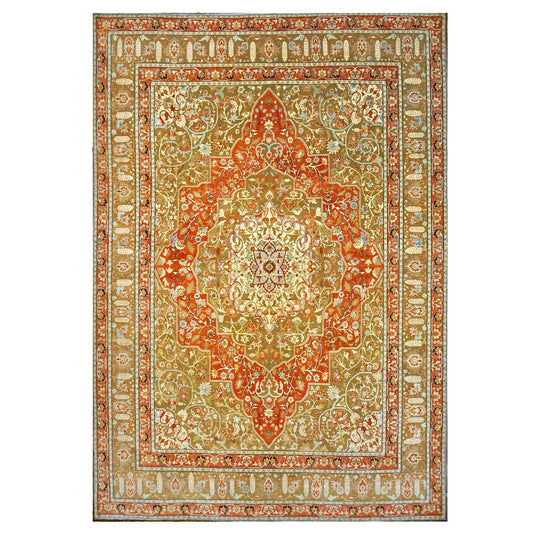 Persian Farahan Wool 10X14 Ivory, Olive & Orange Handmade Area Rug #1143008