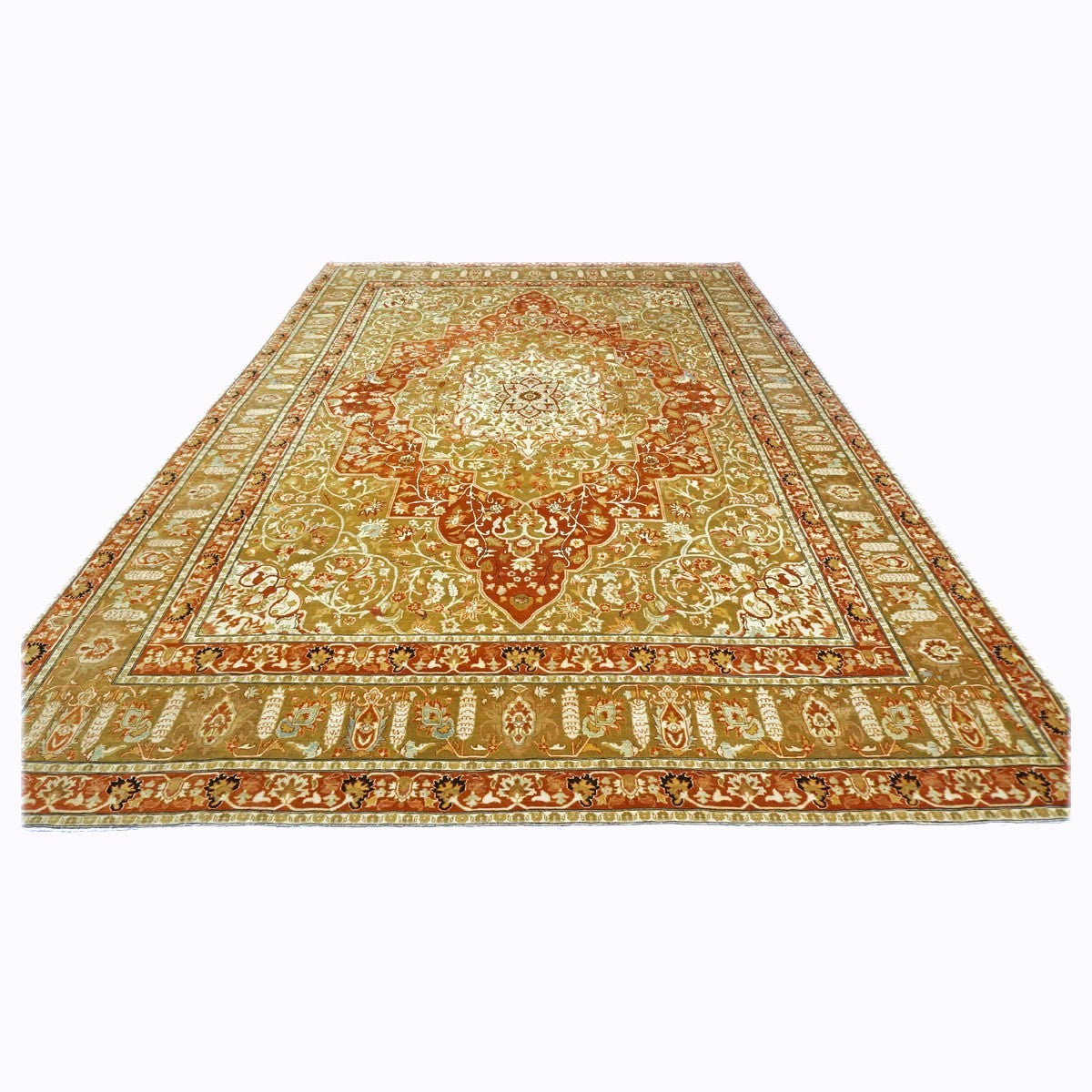 Persian Farahan Wool 10X14 Ivory, Olive & Orange Handmade Area Rug #1143008