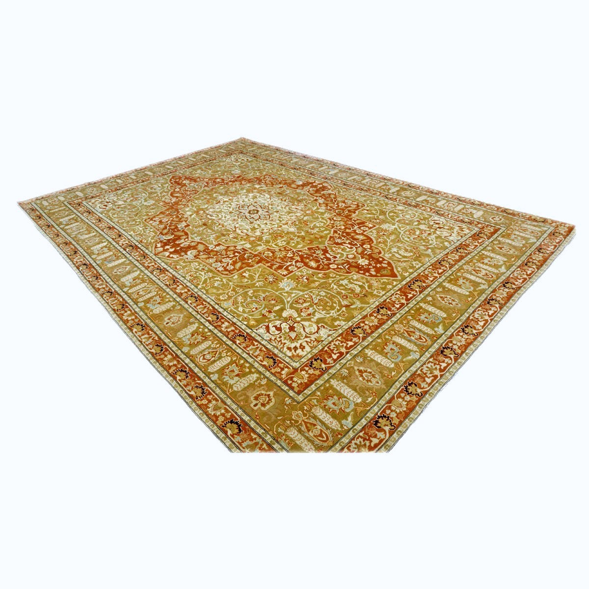 Persian Farahan Wool 10X14 Ivory, Olive & Orange Handmade Area Rug #1143008