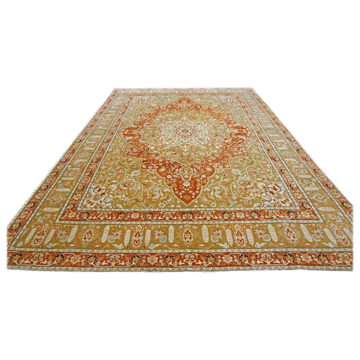 Persian Farahan Wool 10X14 Ivory, Olive & Orange Handmade Area Rug #1143008