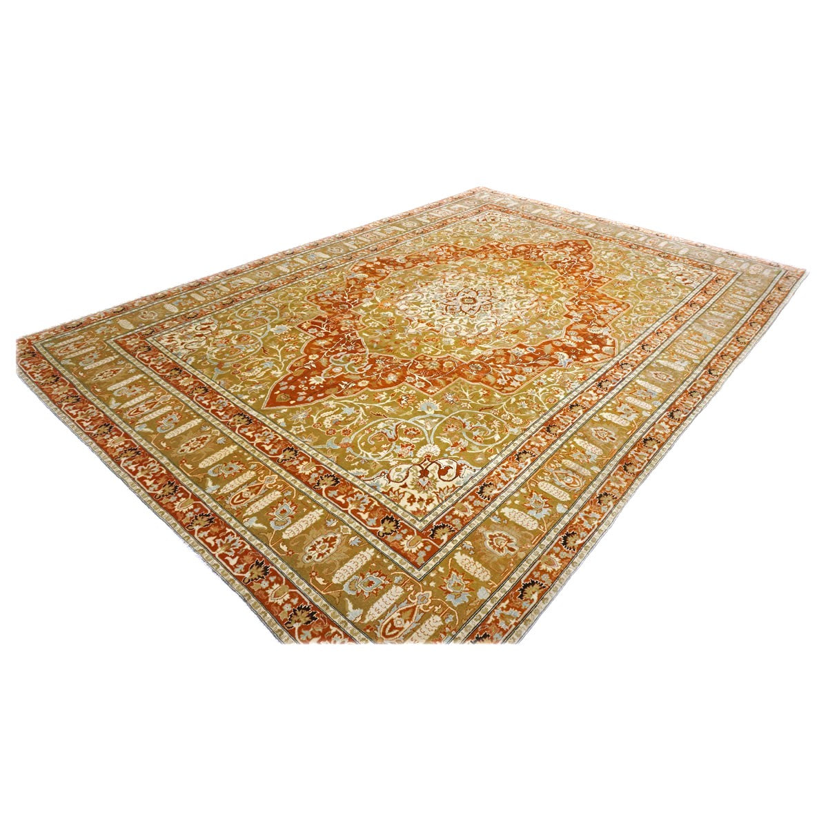 Persian Farahan Wool 10X14 Ivory, Olive & Orange Handmade Area Rug #1143008