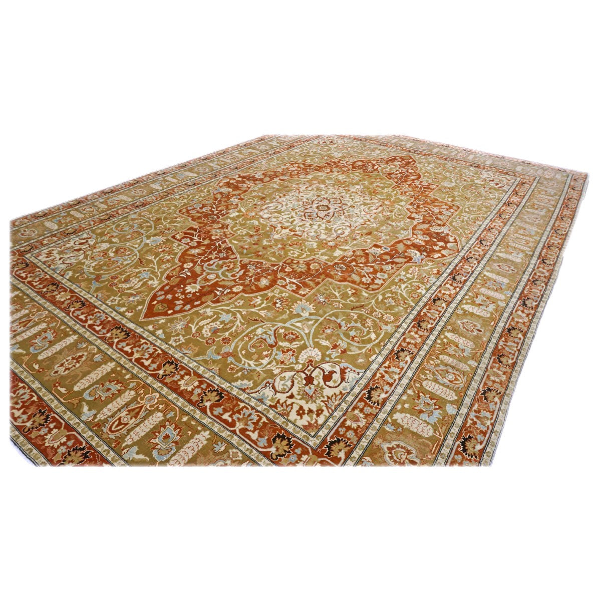 Persian Farahan Wool 10X14 Ivory, Olive & Orange Handmade Area Rug #1143008