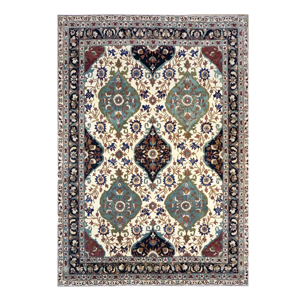 Persian Farahan Sarouk Wool 10X14 Ivory, Teal, Rust & Navy Handmade Area Rug #1143011