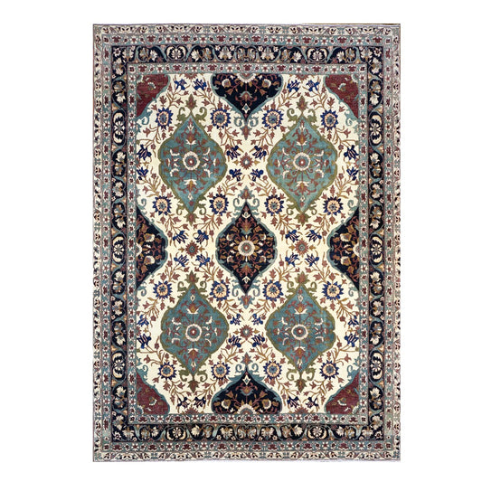 Persian Farahan Sarouk Wool 10X14 Ivory, Teal, Rust & Navy Handmade Area Rug #1143011