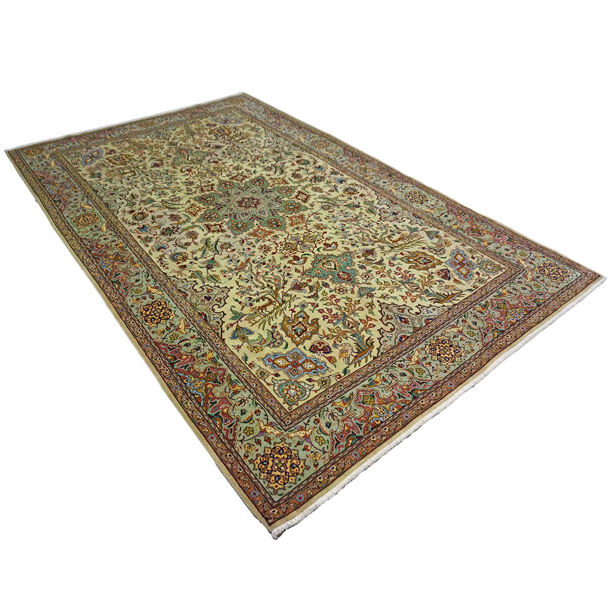 Vintage Persian Tabriz Wool 6x9 Pistachio Green & Red Handmade Area Rug #1143029