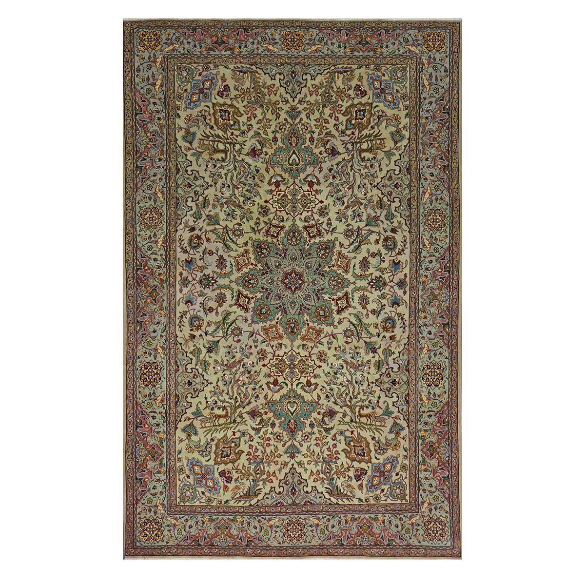 Vintage Persian Tabriz Wool 6x9 Pistachio Green & Red Handmade Area Rug #1143029