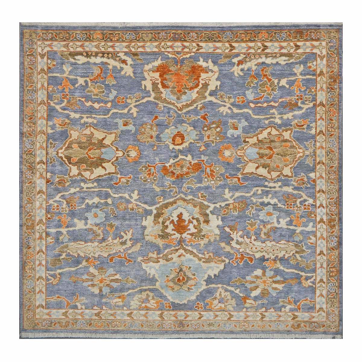 Indian Sultanabad Silk 6x6 Blue, Orange & Ivory Handmade Square Area Rugs #1143145