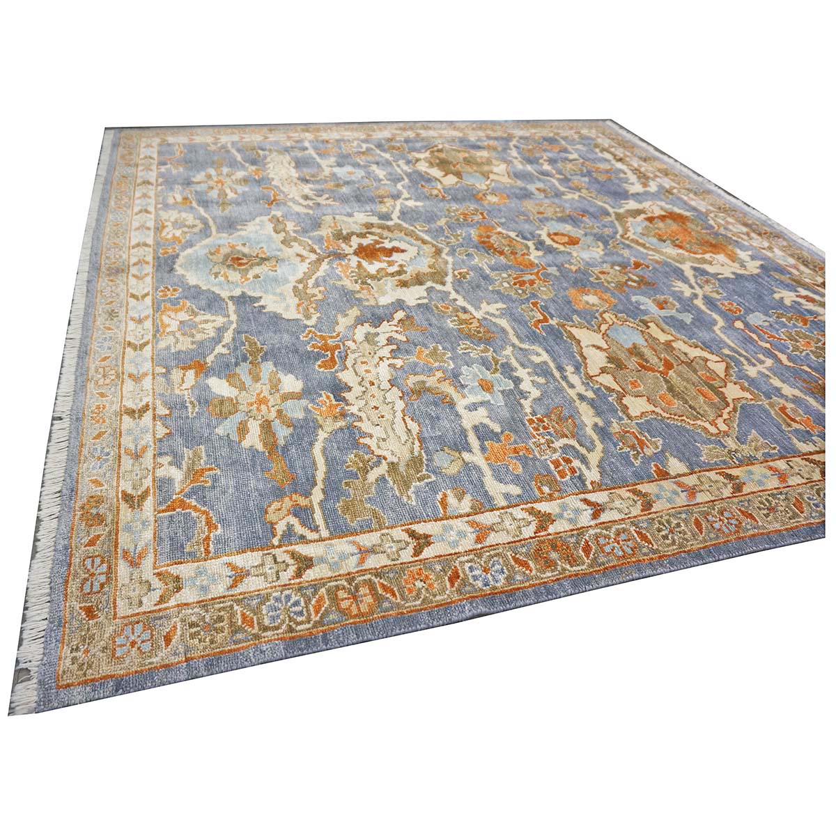 Indian Sultanabad Silk 6x6 Blue, Orange & Ivory Handmade Square Area Rugs #1143145