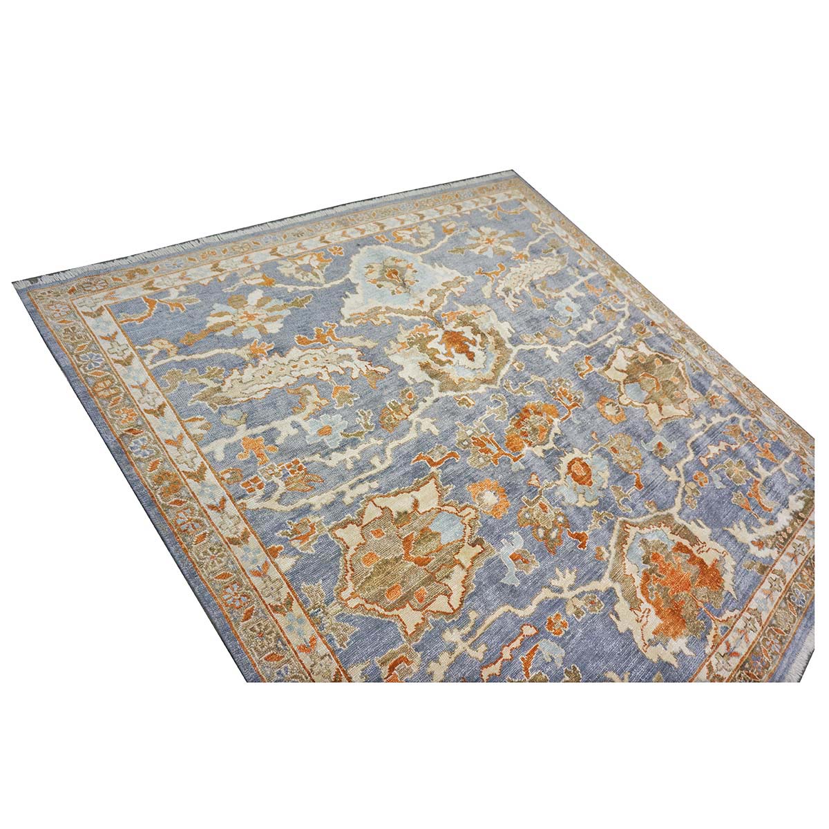 Indian Sultanabad Silk 6x6 Blue, Orange & Ivory Handmade Square Area Rugs #1143145