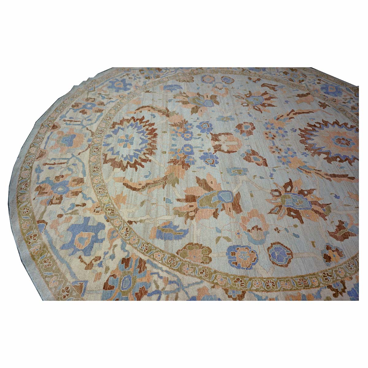 Afghan Sultanabad Wool 11x11 Round Ivory & Light Blue Handmade Area Rug #1143252