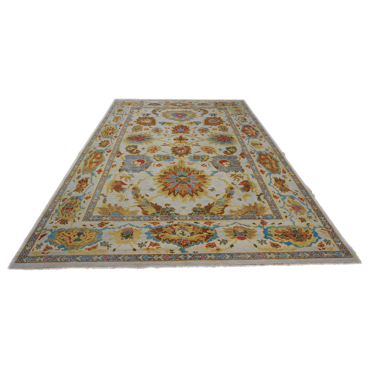 21st Century Afghan Sultanabad Wool 9x12 Ivory & Light Blue Handmade Area Rug #1143281