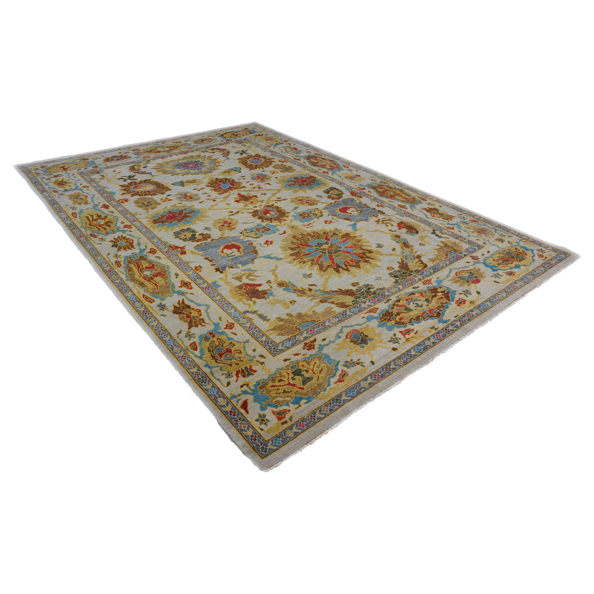 21st Century Afghan Sultanabad Wool 9x12 Ivory & Light Blue Handmade Area Rug #1143281
