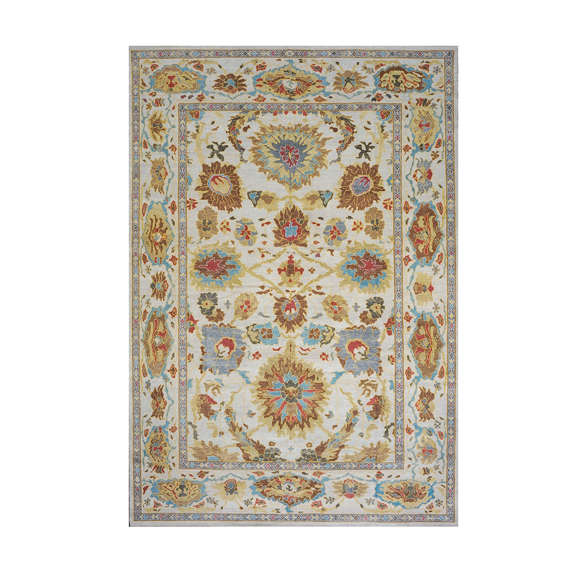21st Century Afghan Sultanabad Wool 9x12 Ivory & Light Blue Handmade Area Rug #1143281