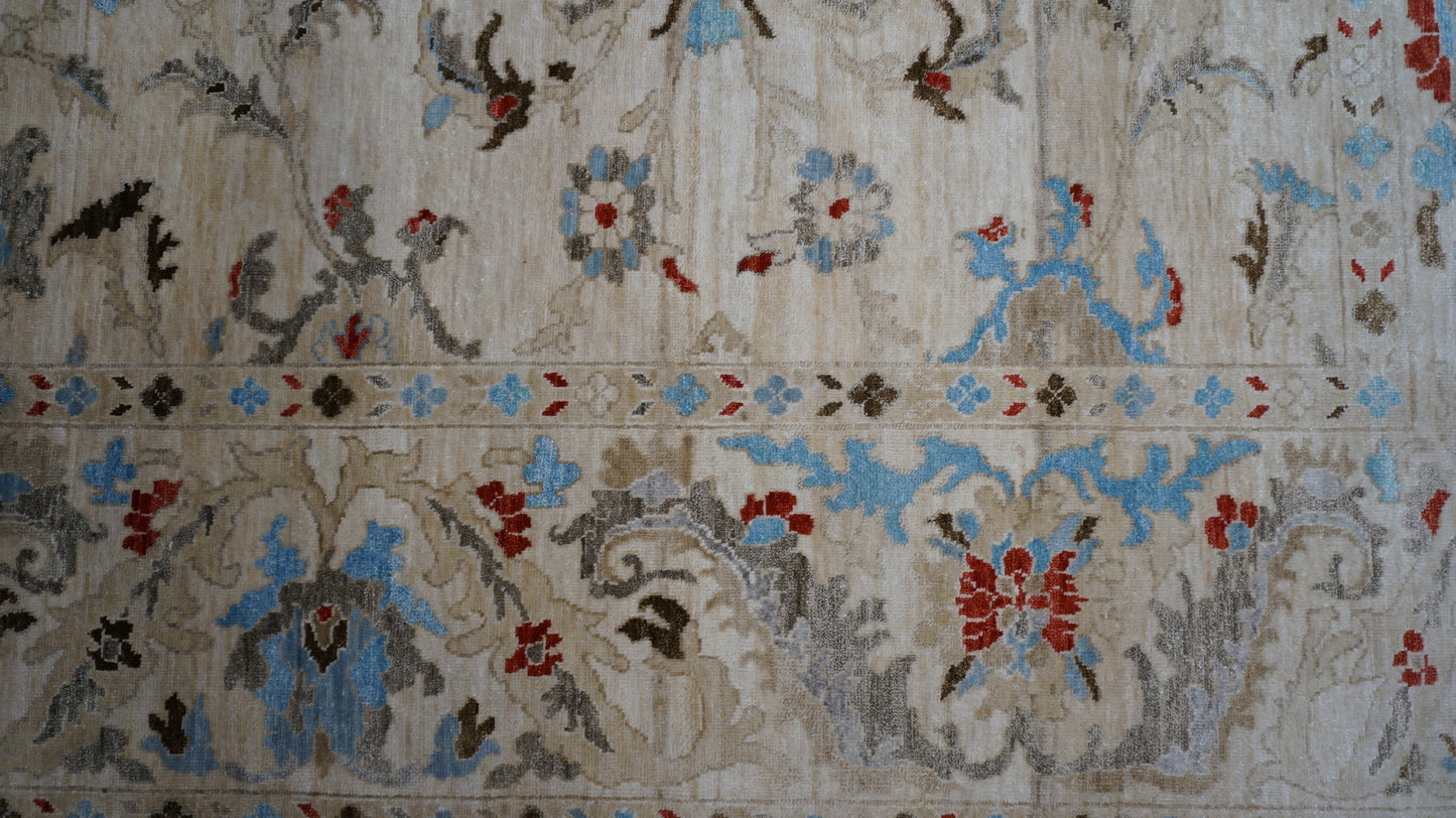Indian Sultanabad Bamboo & Silk 10 x 10 Light Blue, Ivory , Gray & Red Handmade Square Area Rug 1143480