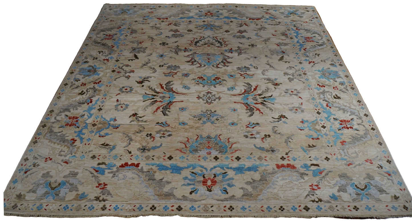 Indian Sultanabad Bamboo & Silk 10 x 10 Light Blue, Ivory , Gray & Red Handmade Square Area Rug 1143480