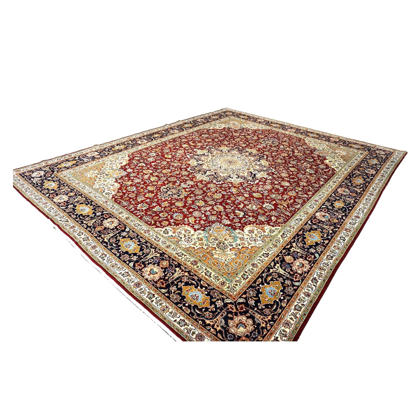 Antique Persian Tabriz Wool 13x16 Ivory, Red & Navy Handmade Area Rug #1143501