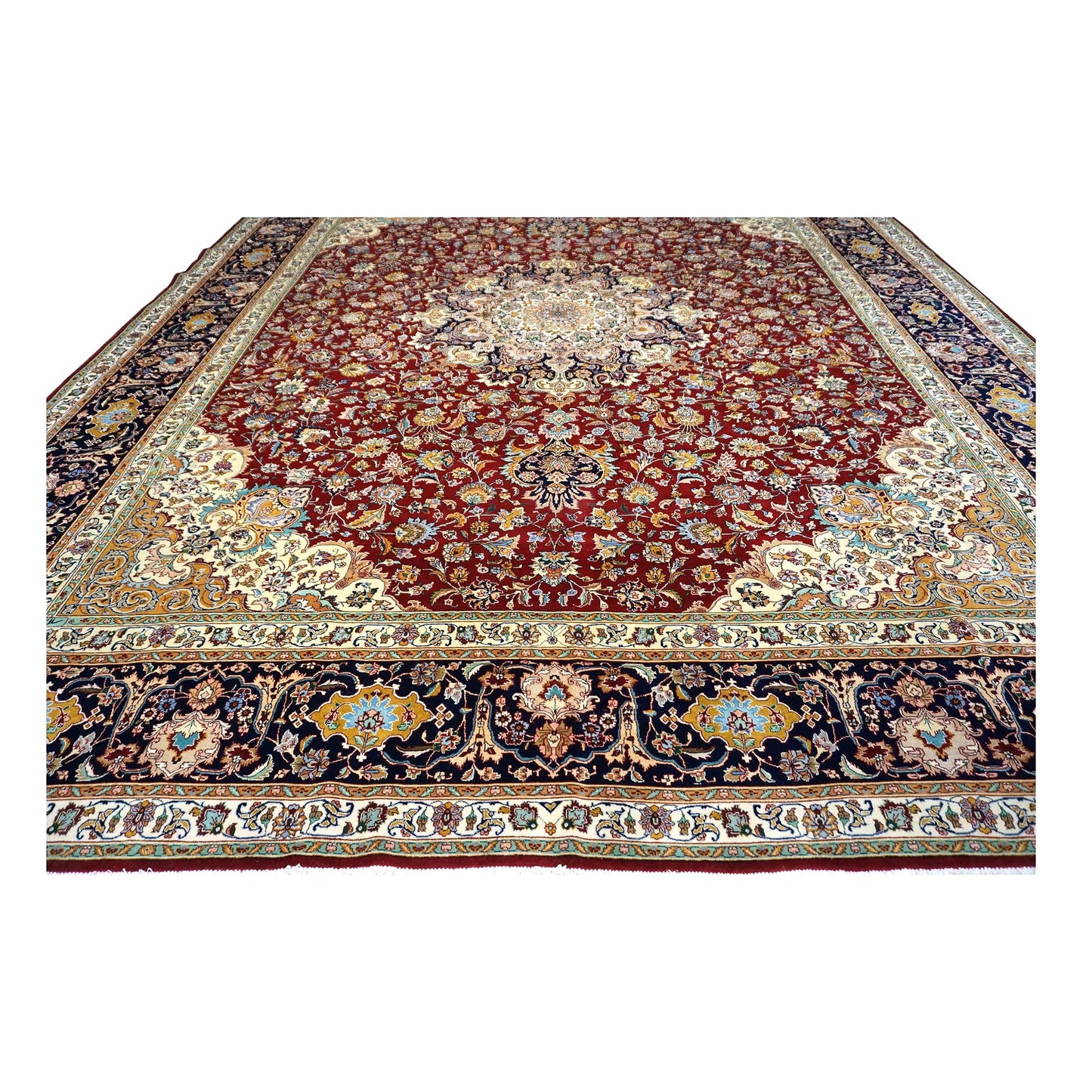Antique Persian Tabriz Wool 13x16 Ivory, Red & Navy Handmade Area Rug #1143501