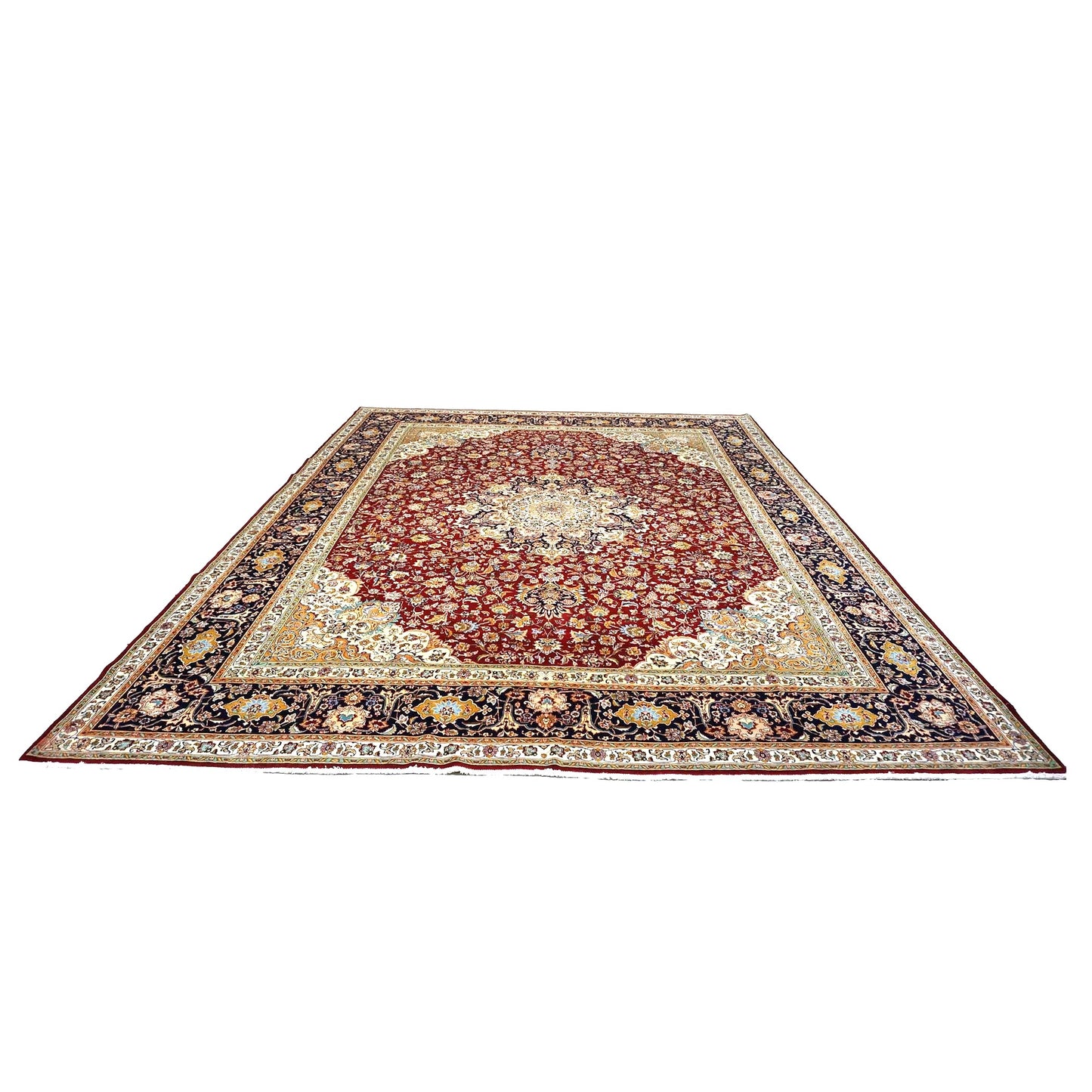 Antique Persian Tabriz Wool 13x16 Ivory, Red & Navy Handmade Area Rug #1143501