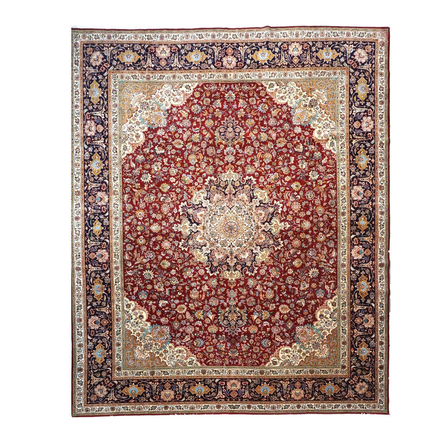 Antique Persian Tabriz Wool 13x16 Ivory, Red & Navy Handmade Area Rug #1143501