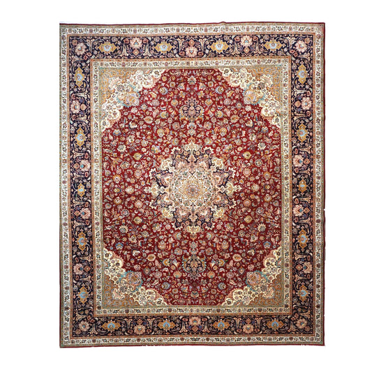 Antique Persian Tabriz Wool 13x16 Ivory, Red & Navy Handmade Area Rug #1143501