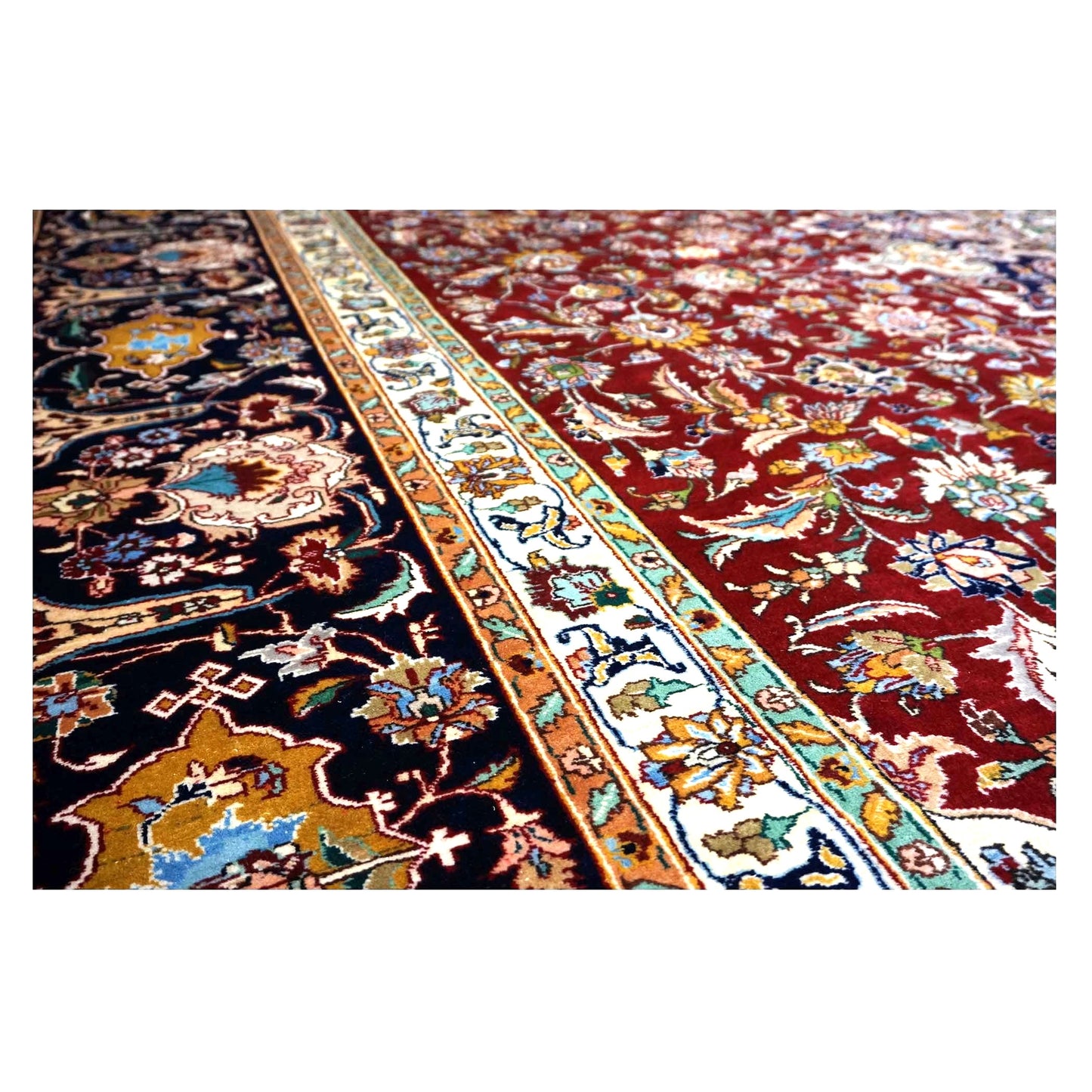 Antique Persian Tabriz Wool 13x16 Ivory, Red & Navy Handmade Area Rug #1143501