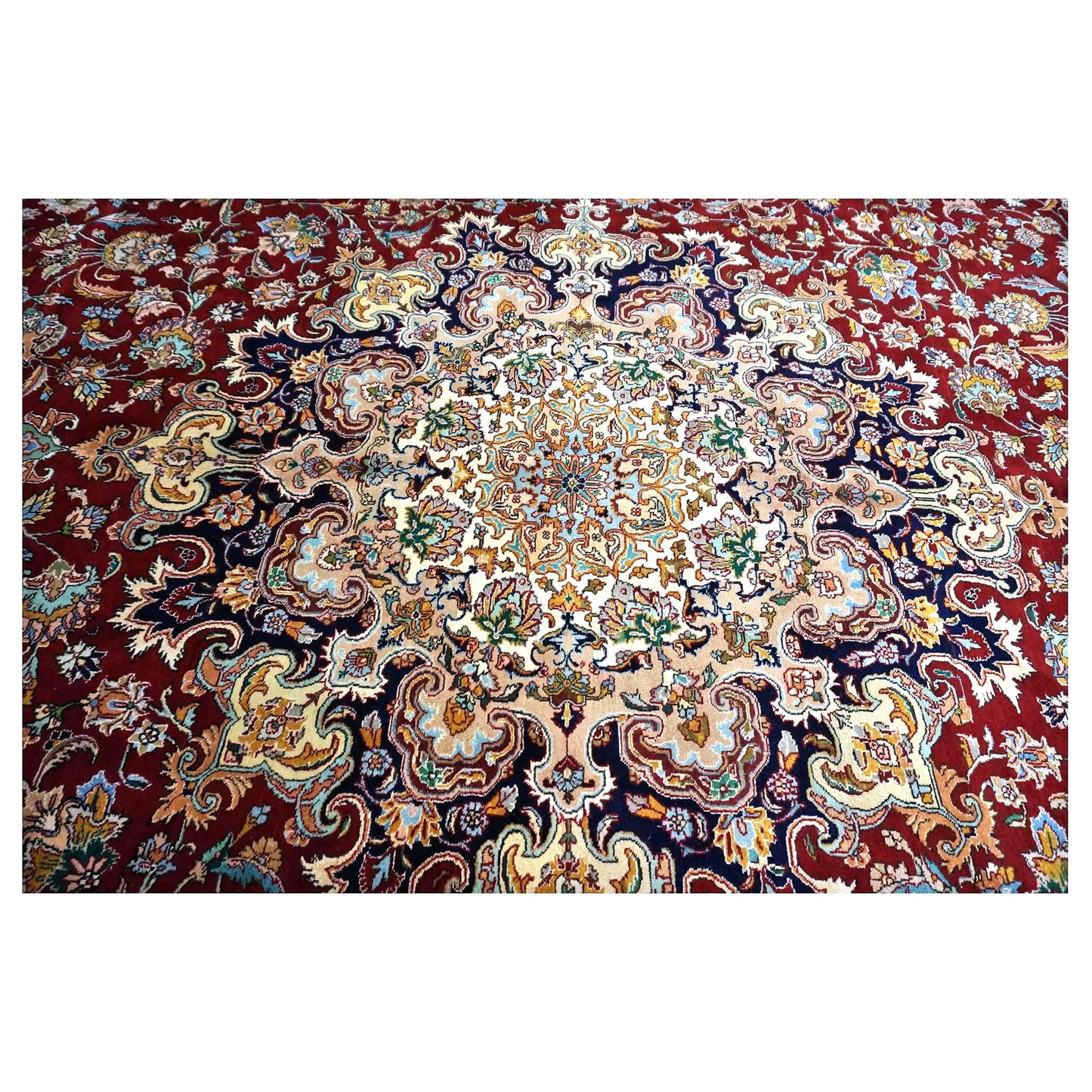 Antique Persian Tabriz Wool 13x16 Ivory, Red & Navy Handmade Area Rug #1143501
