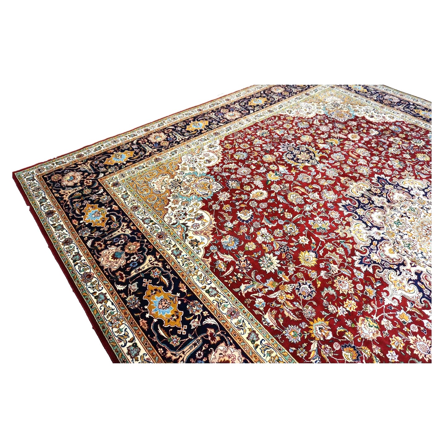 Antique Persian Tabriz Wool 13x16 Ivory, Red & Navy Handmade Area Rug #1143501