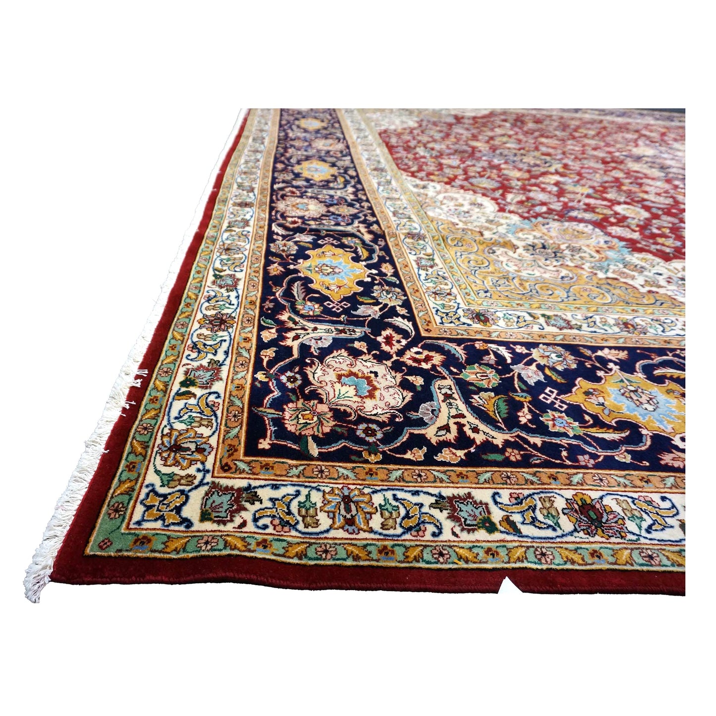 Antique Persian Tabriz Wool 13x16 Ivory, Red & Navy Handmade Area Rug #1143501