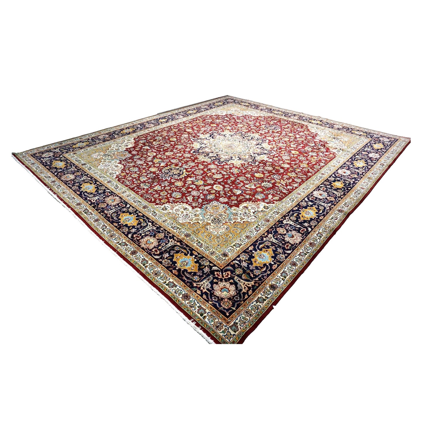 Antique Persian Tabriz Wool 13x16 Ivory, Red & Navy Handmade Area Rug #1143501