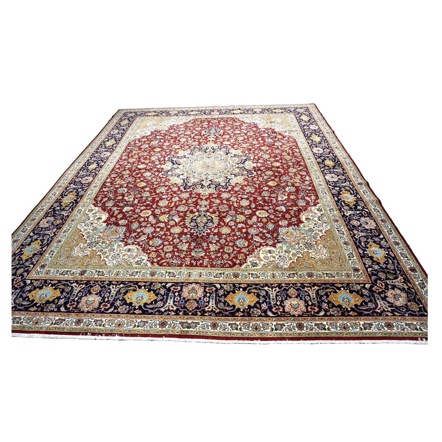 Antique Persian Tabriz Wool 13x16 Ivory, Red & Navy Handmade Area Rug #1143501