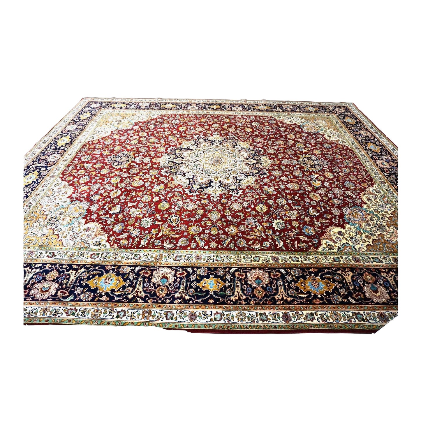 Antique Persian Tabriz Wool 13x16 Ivory, Red & Navy Handmade Area Rug #1143501