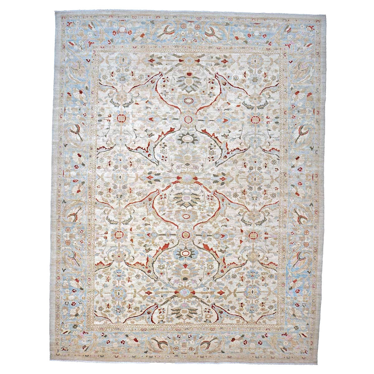 Persian Sultanabad Wool 12x15 Ivory, Light Blue Rust & Olive Handmade Area Rug #1143516