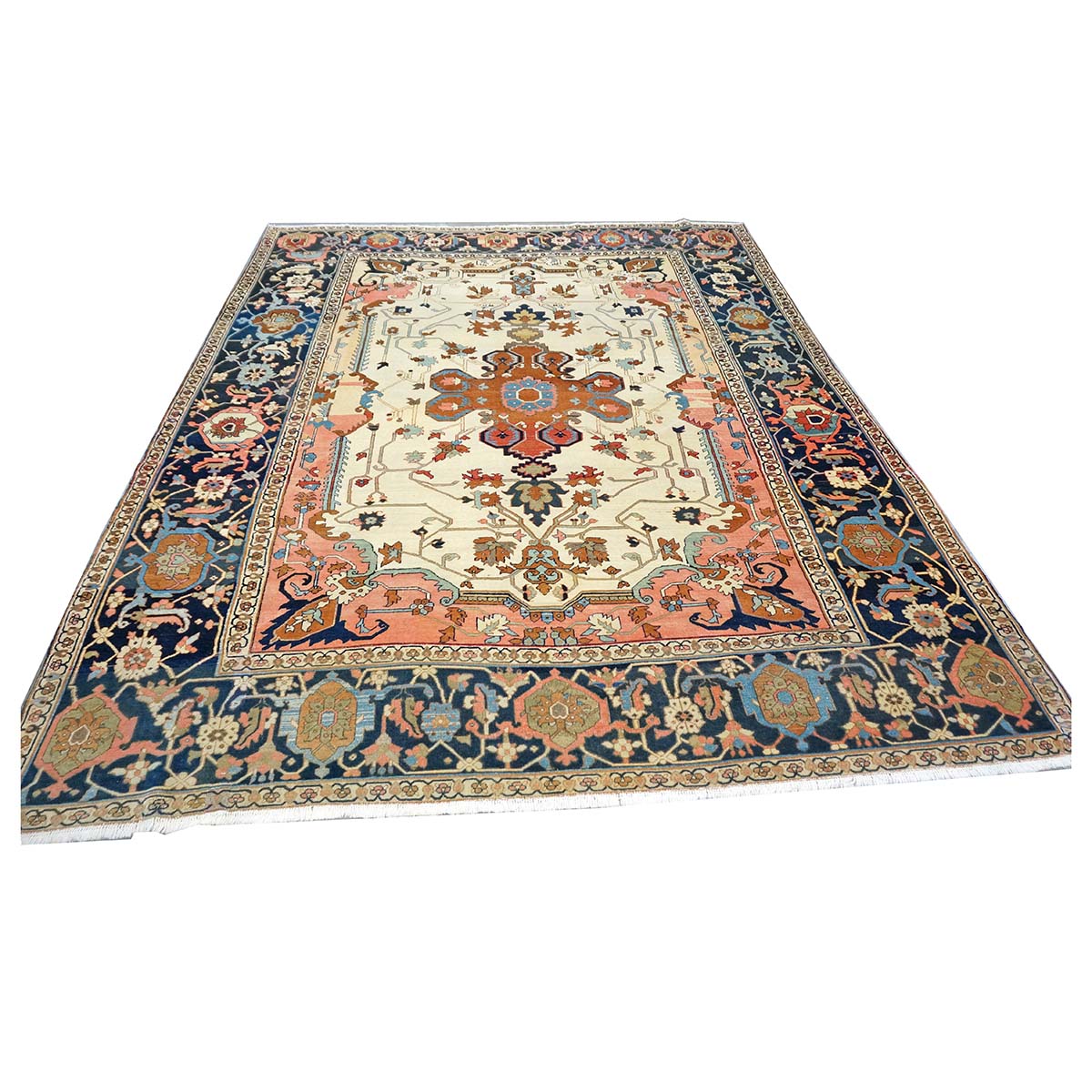 Antique Persian Serapi Wool 9x11 Ivory, Salmon & Navy Handmade Area Rug #1143523