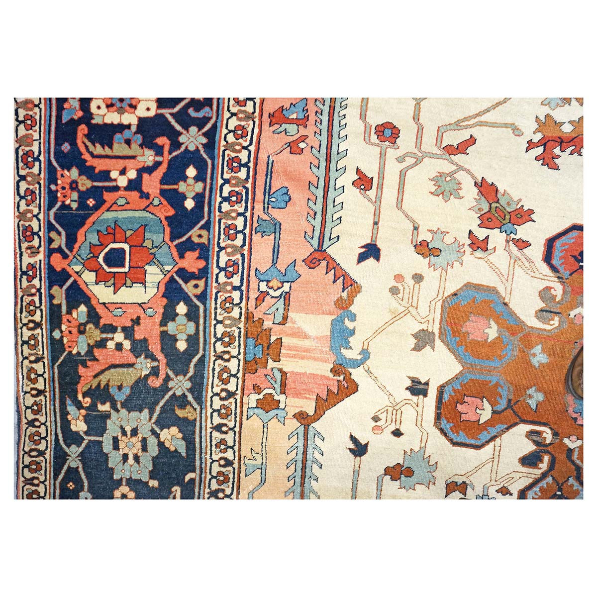 Antique Persian Serapi Wool 9x11 Ivory, Salmon & Navy Handmade Area Rug #1143523
