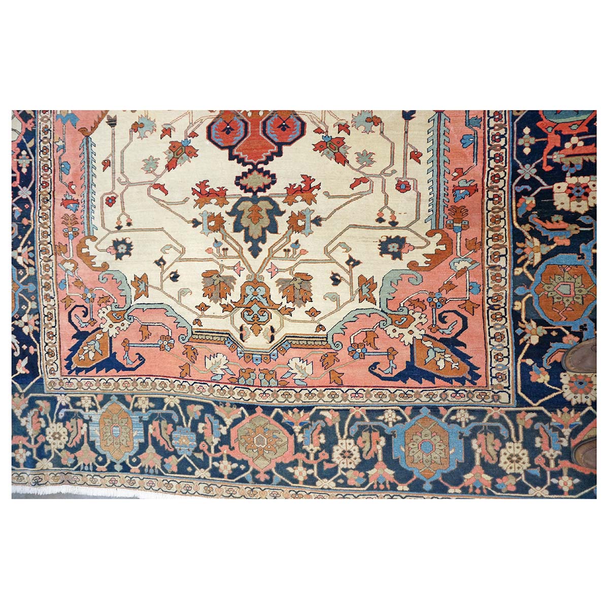Antique Persian Serapi Wool 9x11 Ivory, Salmon & Navy Handmade Area Rug #1143523