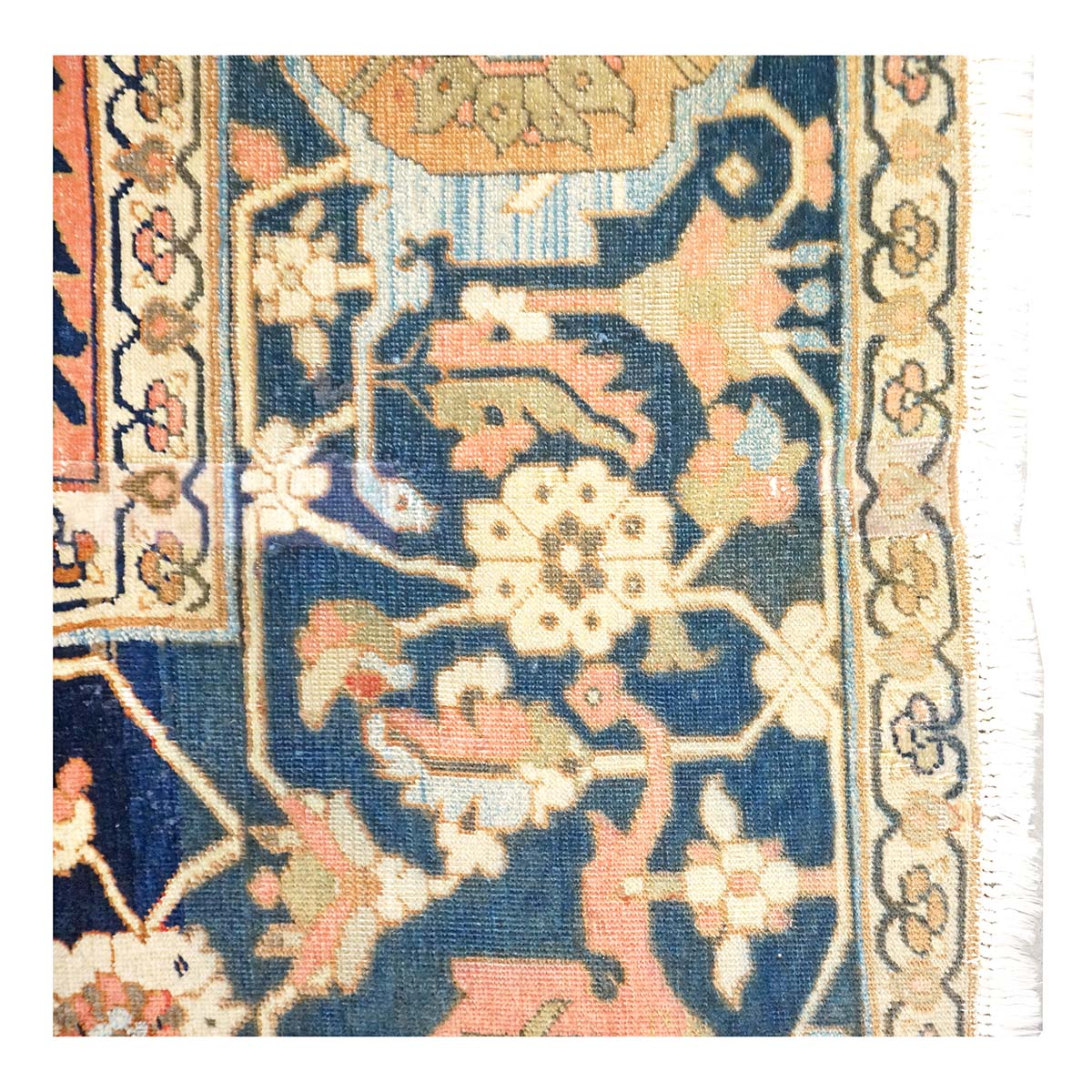 Antique Persian Serapi Wool 9x11 Ivory, Salmon & Navy Handmade Area Rug #1143523