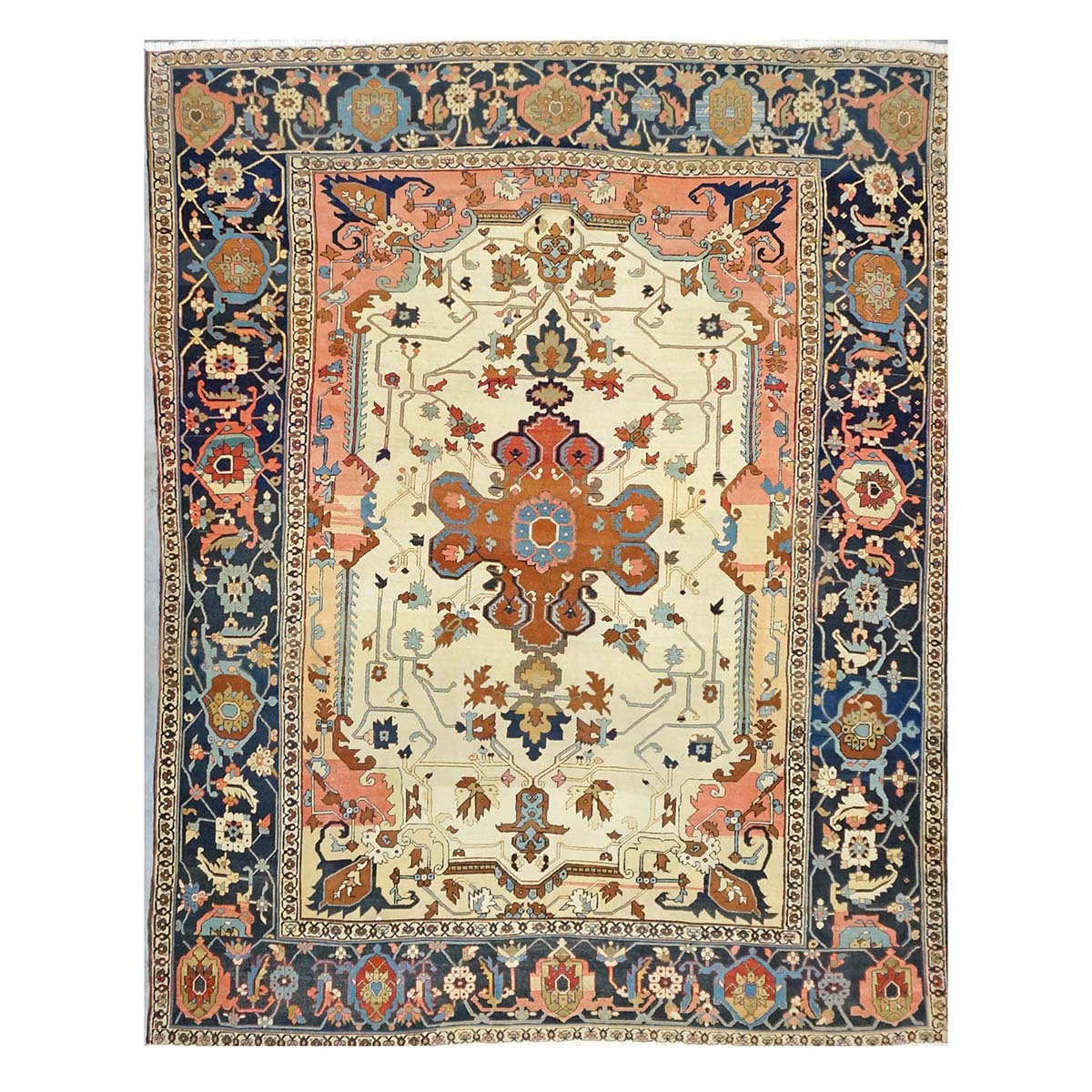 Antique Persian Serapi Wool 9x11 Ivory, Salmon & Navy Handmade Area Rug #1143523
