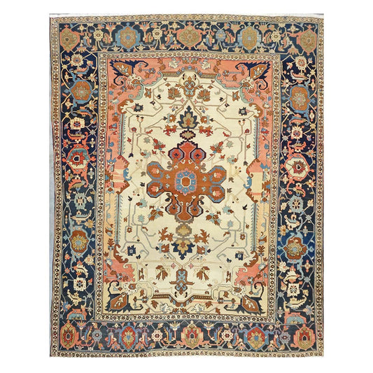 Antique Persian Serapi Wool 9x11 Ivory, Salmon & Navy Handmade Area Rug #1143523