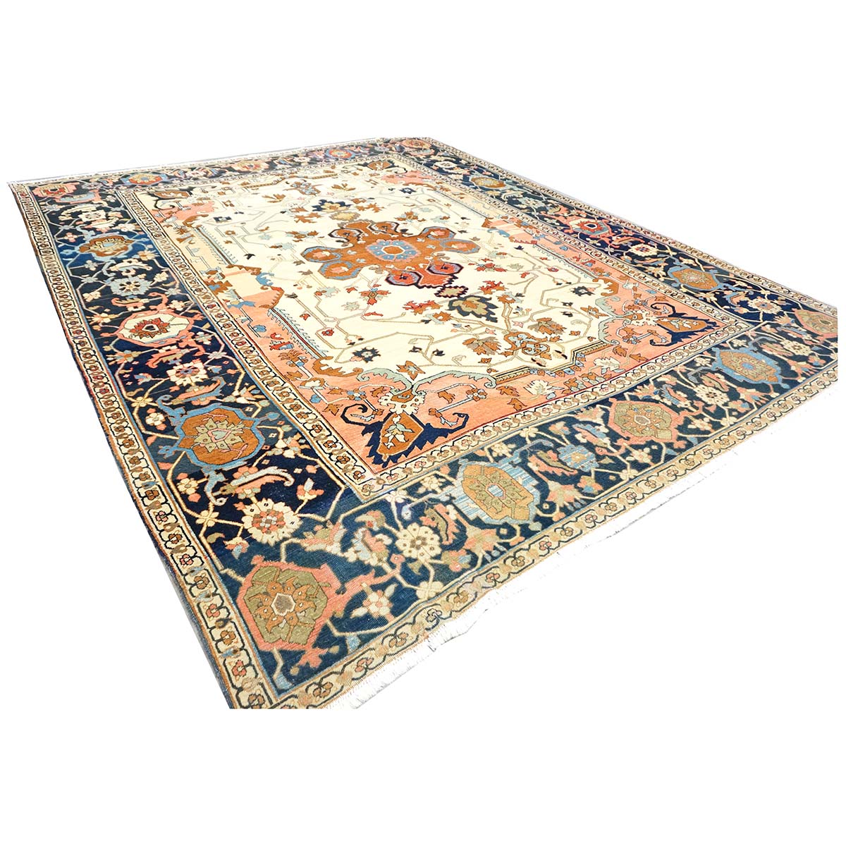 Antique Persian Serapi Wool 9x11 Ivory, Salmon & Navy Handmade Area Rug #1143523