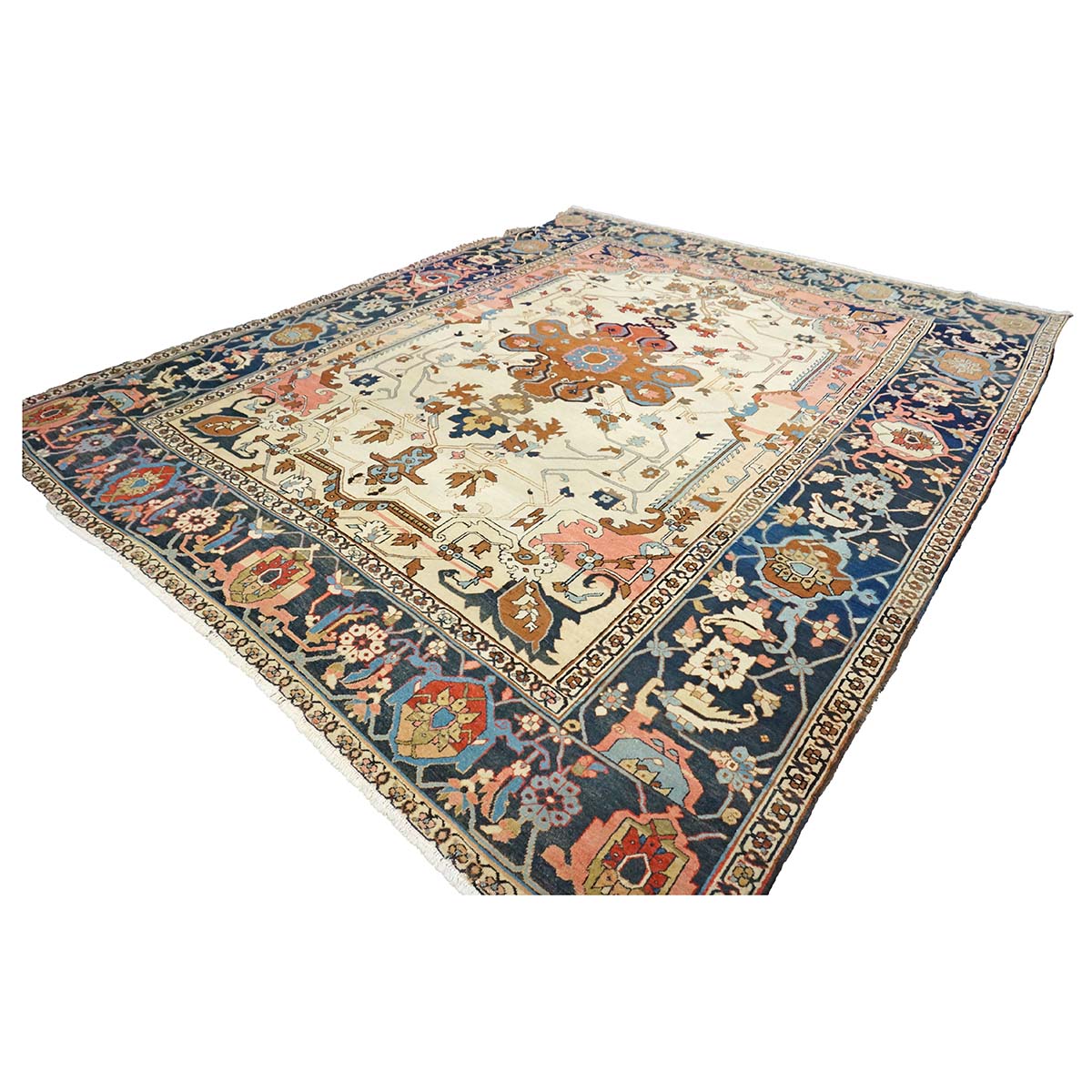 Antique Persian Serapi Wool 9x11 Ivory, Salmon & Navy Handmade Area Rug #1143523