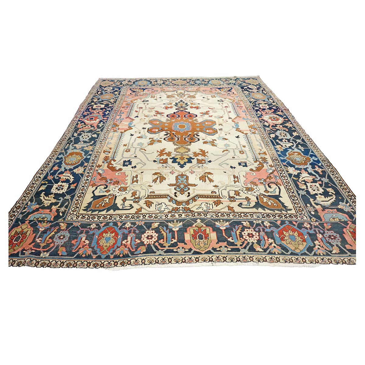 Antique Persian Serapi Wool 9x11 Ivory, Salmon & Navy Handmade Area Rug #1143523