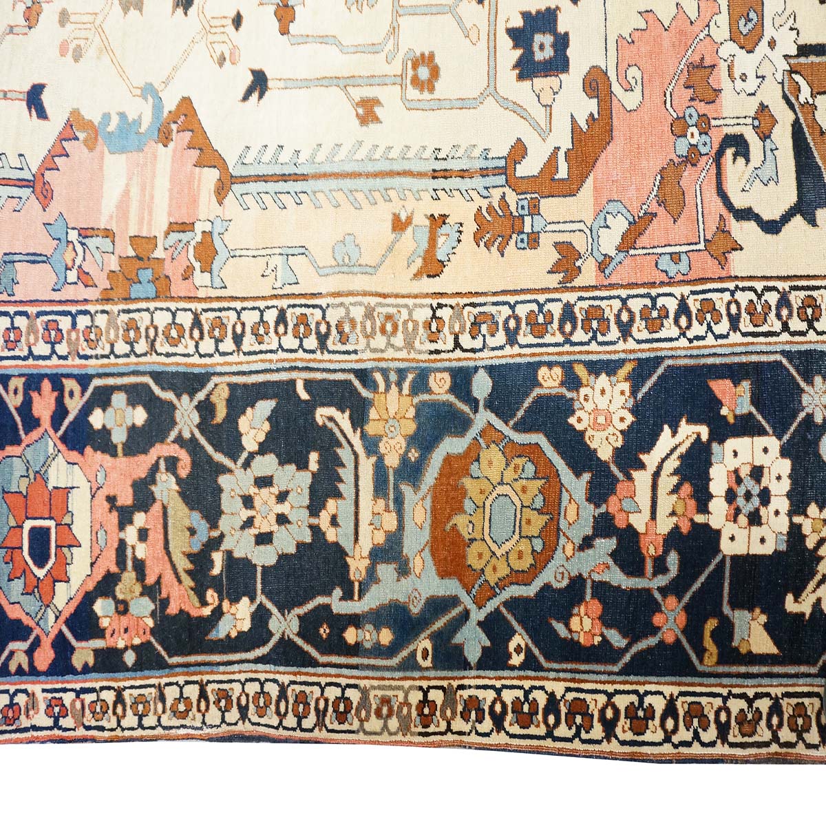 Antique Persian Serapi Wool 9x11 Ivory, Salmon & Navy Handmade Area Rug #1143523